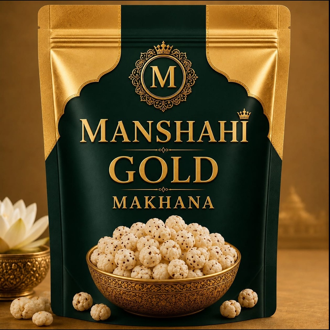 MANSHAHI GOLD MAKHANA WITH DEVICE OF M trademark artwork