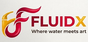 FLUIDX Where water meets art with device of F trademark artwork
