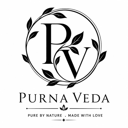 PURNA VEDA with tagline PURE BY NATURE. MADE WITH LOVE with device of PV trademark artwork