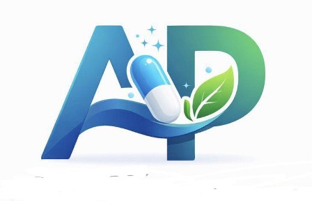 Stylized letters "A" and "P" integrated with a diagonal blue and white capsule pill and a green leaf trademark artwork