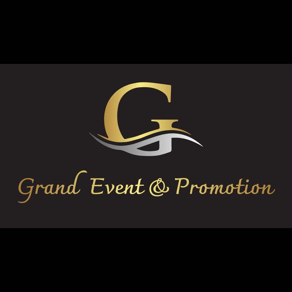 A stylized golden letter “G” intertwined with a sleek silver wave-like design, with the tagline “Grand Event & Promotion trademark artwork