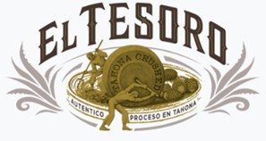Logo containing words EL TESORO, a wheel, human figures, decorative flourishes, and words AUTENTICO PROCESO EN TAHONA trademark artwork