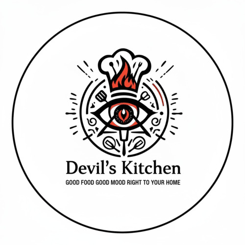 Devil's Kitchen with tagline GOOD FOOD GOOD MOOD RIGHT TO YOUR HOME with device trademark artwork