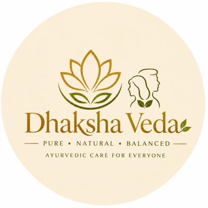 Dhaksha Veda with a tagline Pure Natural Balanced Ayurvedic care for everyone with device trademark artwork