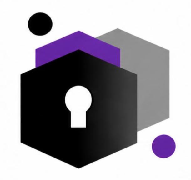 hexagon symbol inside which is a key hole symbol, with two circles trademark artwork