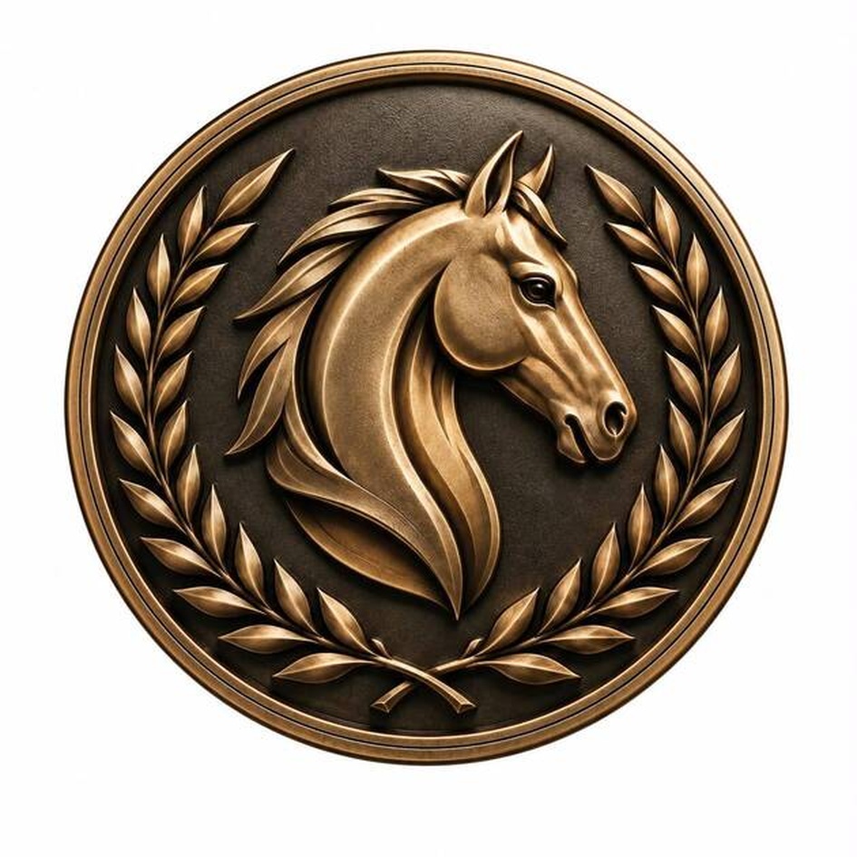 The mark consists of a stylized horse head in profile, enclosed within a circular border with ornamental laurel leaves. trademark artwork