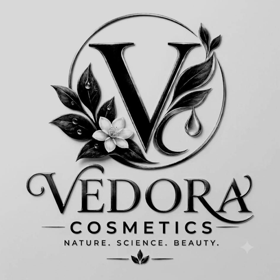 VEDORA COSMETICS with tagline NATURE. SCIENCE. BEAUTY with device of V trademark artwork