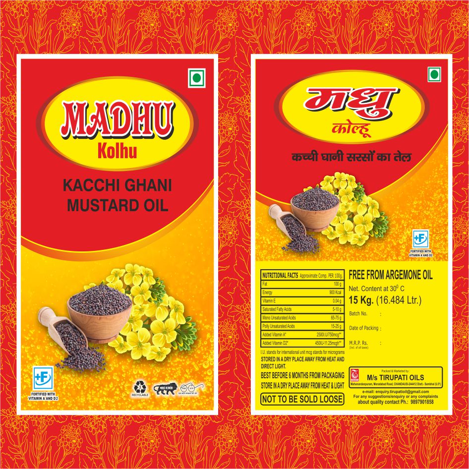 MADHU Kolhu with tagline KACCHI GHANI MUSTARD OIL trademark artwork