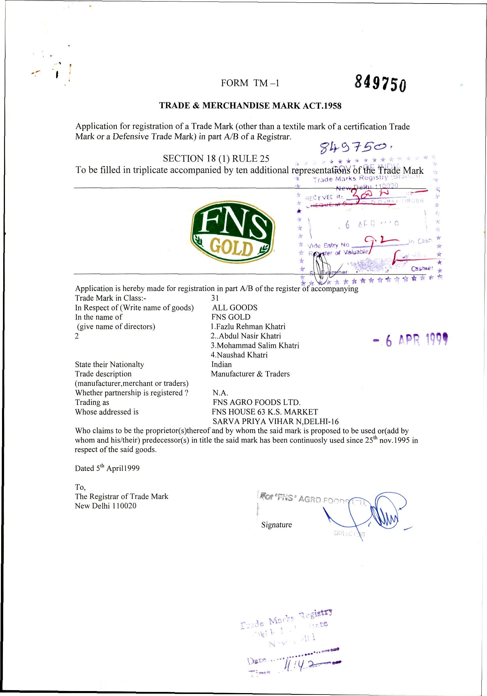 FNS GOLD trademark artwork