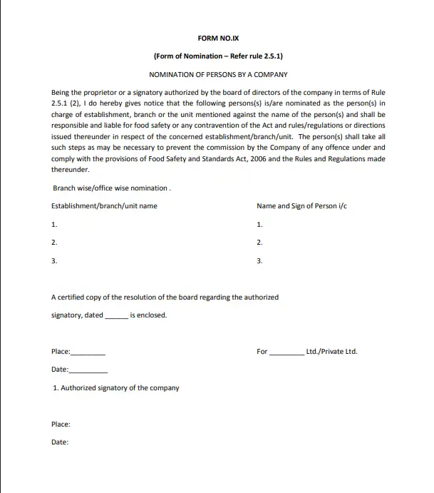 form ix fssai sample format