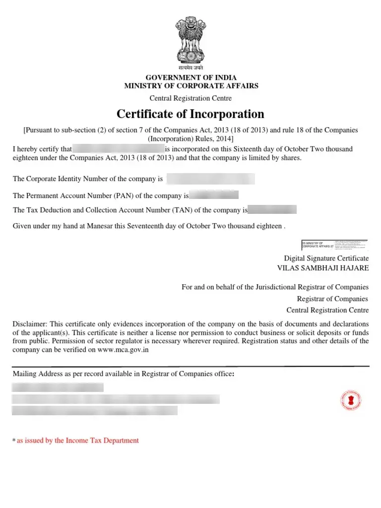 certificate of incorporation