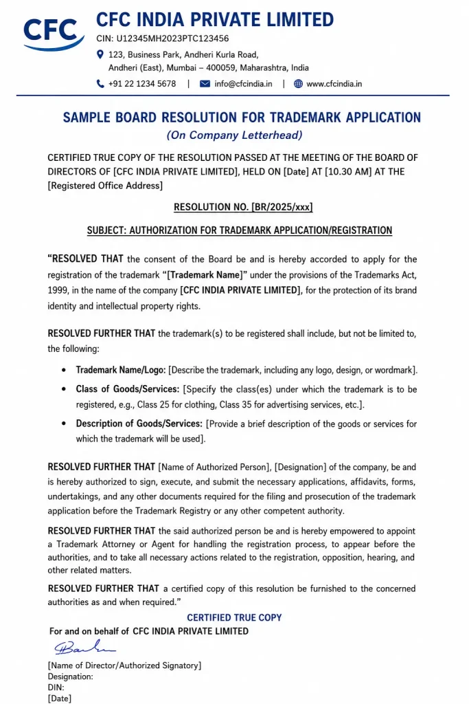 sample of board resolution for trademark registration