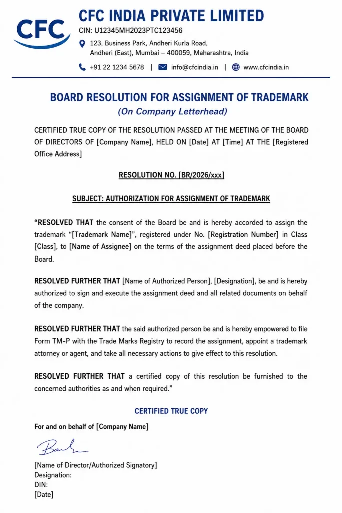 board resolution for assignment of trademark